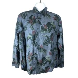 Tommy Bahama Men's Long Sleeve Button Down Shirt Blue Floral Pattern Cotton